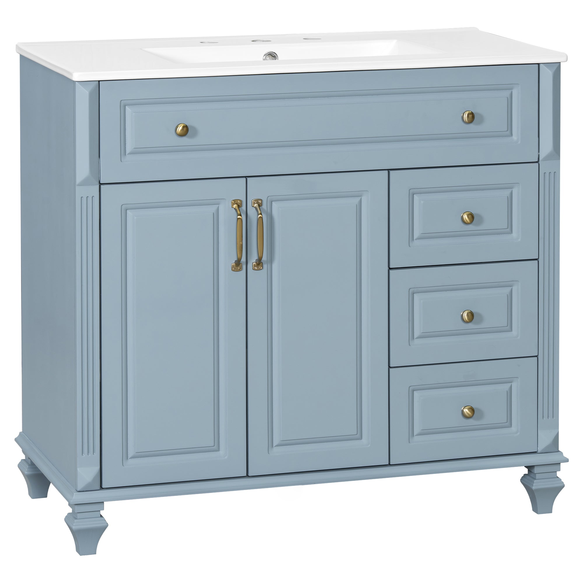 VanityFus 36-in Grey Blue Bathroom Vanity Single Sink Combo Ceramic Top 2 doors 3 drawers Undermount